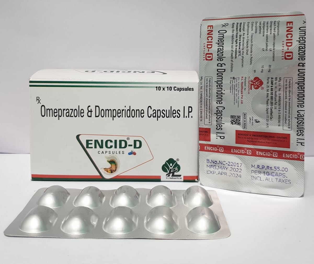 Home About Us Services Our Range Visual Aid Career Contact us HomeOur RangeCapsulesENCID-D Omeprazole 20mg + Domperidone 10mg